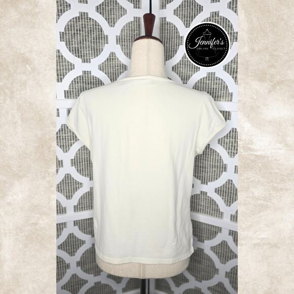 3/$30 Liz Claiborne Cream with Gold Metallic Embroidered V Neck Knit Top Large - Picture 7 of 10